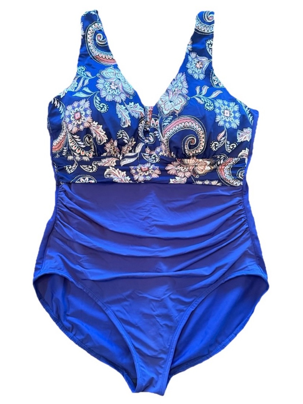 Land’s End Sz 14 DD Royal Blue & Floral One-Piece Swimsuit w/ Gold Logo Plaque